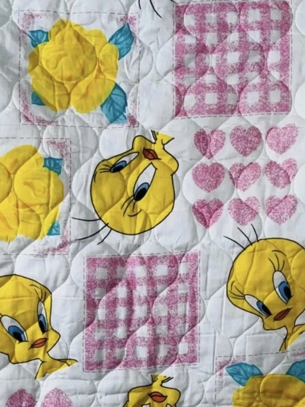 Vintage 90s Tweety Bird Head New Looney Tunes Quilt Baby Blanket Pink Hearts New